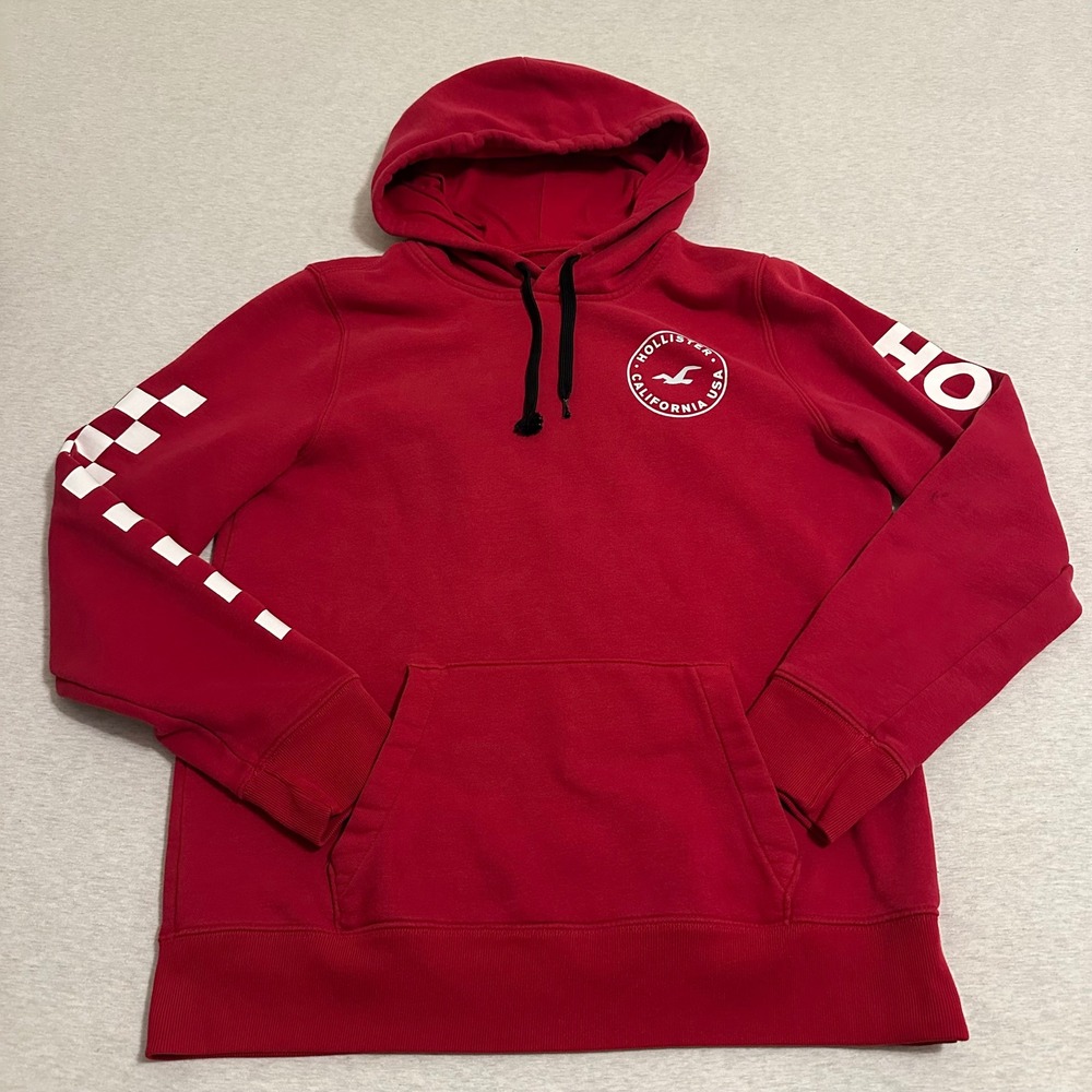 Hollister Mens Red Graphic Hoodie California USA Checkerboard Sleeve Large